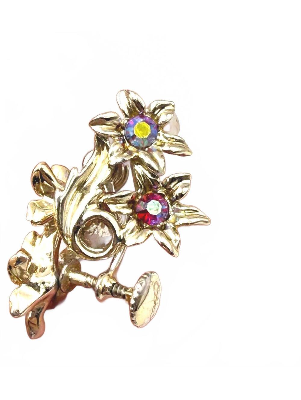 Vintage Floral Screw Back Earrings with Colorful Rhinestones